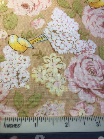 Miss Emmas Garden - FS417 - Beige background with White, Pink & Yellow flowers & little birds hiding in the foliage.