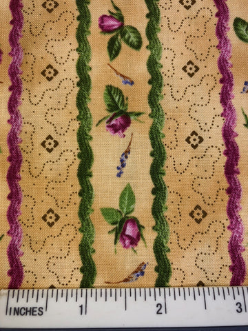 Bella Rosa - FS429 - Antique background with Pink/Purple rosebuds between Green & Pink/Purple stripes
