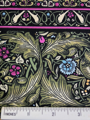 The Adelaide Collection - FS461 - Black background with William Morris style border print in Olive Green & Pink