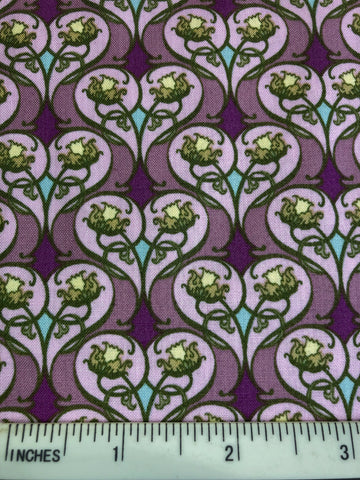 The Adelaide Collection - FS462 - Black background with William Morris style all-over print in Olive Green & Pink & Purple