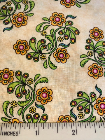 Sew Catty - FS468 - Antique Cream background with scattered stylised Pink & Yellow flowers