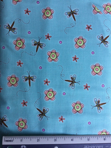 Sewing Room Social - FS013 -  Aqua background with stylised flowers & dragonflies