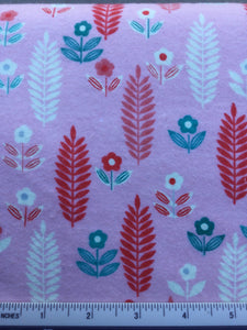 Leaves & Flowers Flannel - FS055 - Pink background with White, Aqua & Red print