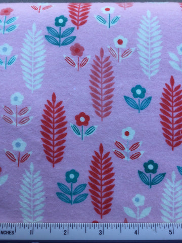 Leaves & Flowers Flannel - FS055 - Pink background with White, Aqua & Red print