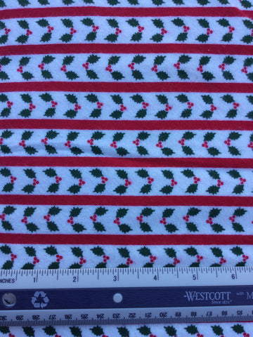 Holly Flannel - FS059 - White background with rows of holly and Red stripes