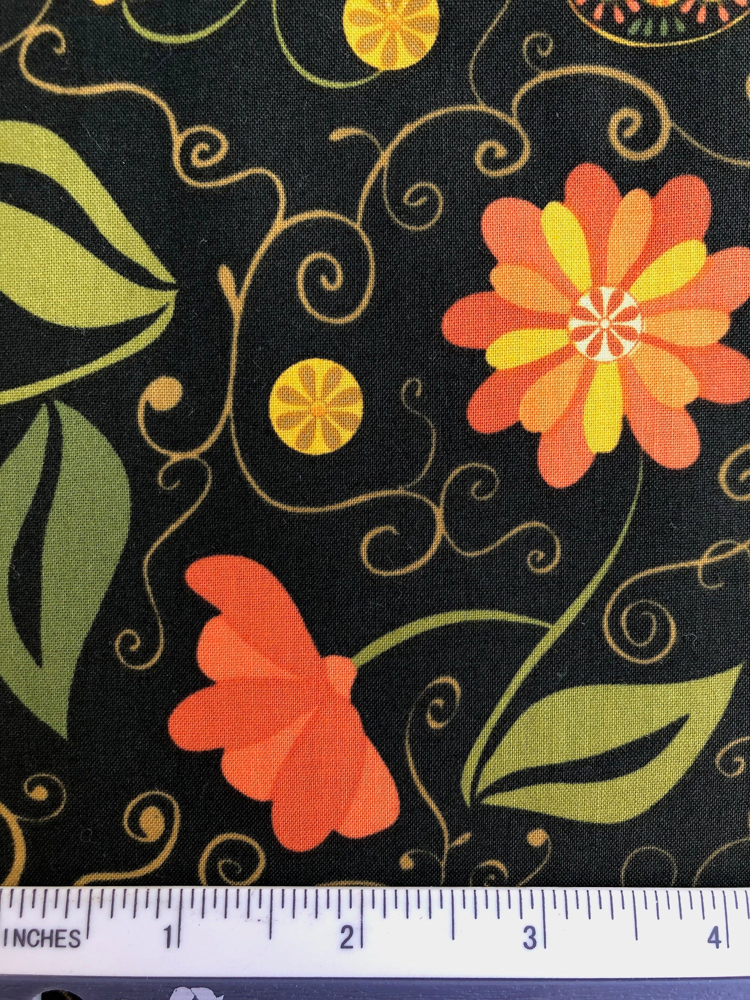 Arabella - FS285 - Black background with Yellow, Mustard, Orange & Green stylised Floral print