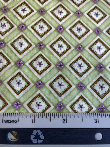 Sewing Room Social - FS369 -  Soft Green background with repeating geometric print in Green, Mauve & Brown