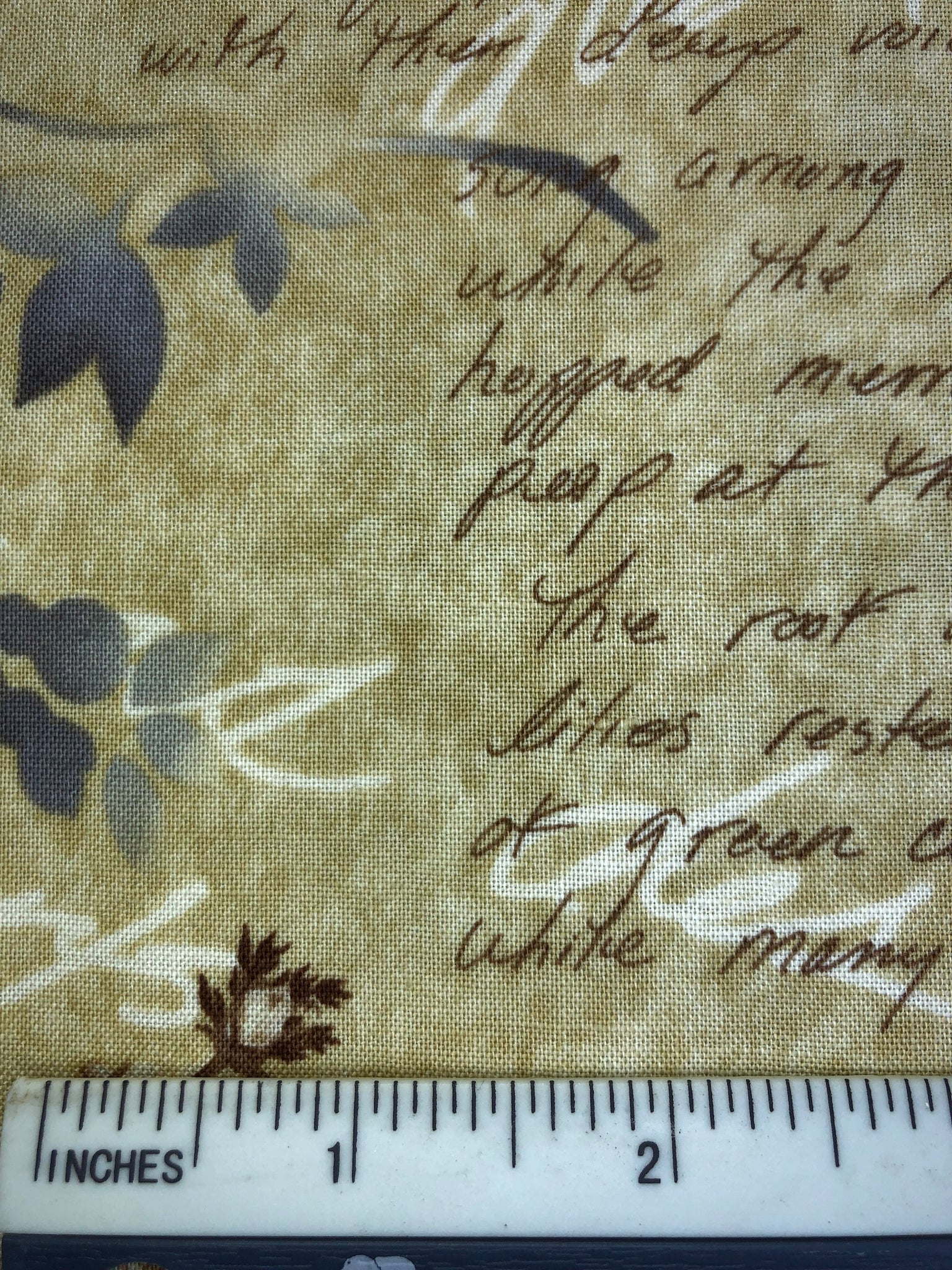 Among the Flowers - FS419 - Green/Beige background with Blue & White botanicals and Dark Brown words