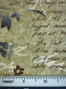 Among the Flowers - FS419 - Green/Beige background with Blue & White botanicals and Dark Brown words