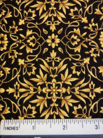 Full Sun - FS442 - Black background with all over Gold/ Antique Gold botanical print
