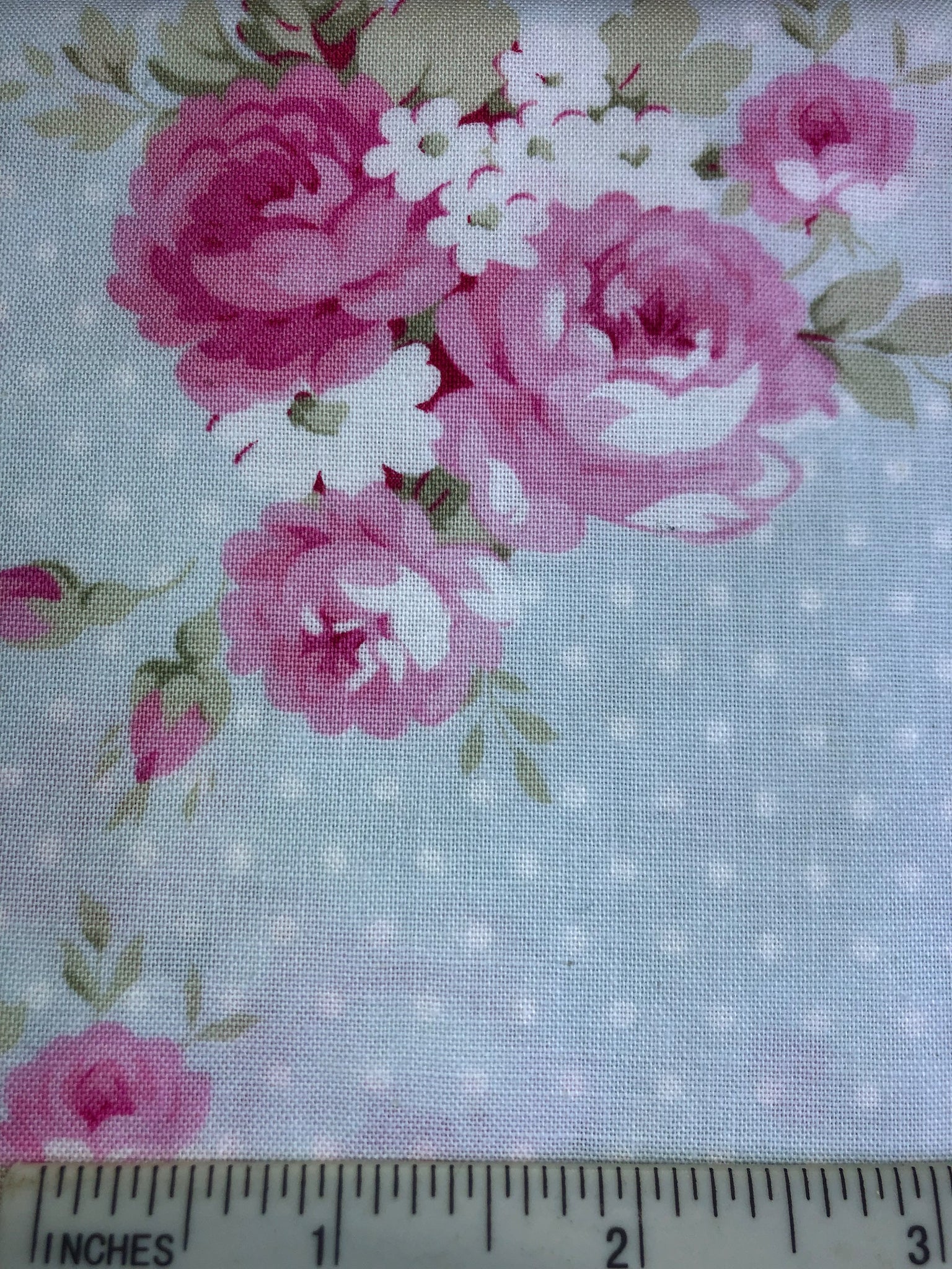 Slipper Rose - FS456 - Light Blue background with White Polka Dots with sprays of Pink roses