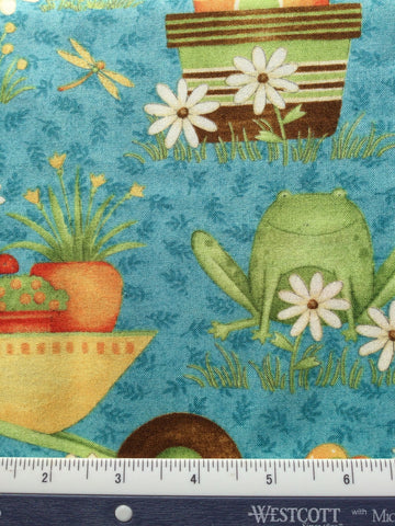 Hip Hop Garden - CP0025 - Aqua Blue background with Frogs, Daisies and Garden items.