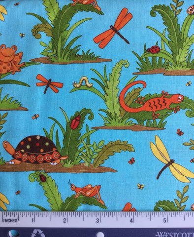 Meadow Friends - FS0007 - Aqua background with Frogs, Dragonflies, Lizards & insects