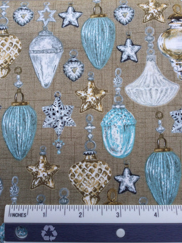Balmoral - FS044 - Beige background with Aqua, Gold & Silver Christmas decorations.
