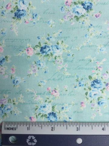 Quilt Gate - FS177 - Aqua background with Blue and Pink small scale rose print