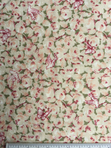 Mary Rose Collection - FS179 - Green background with Cream & Pink rose print