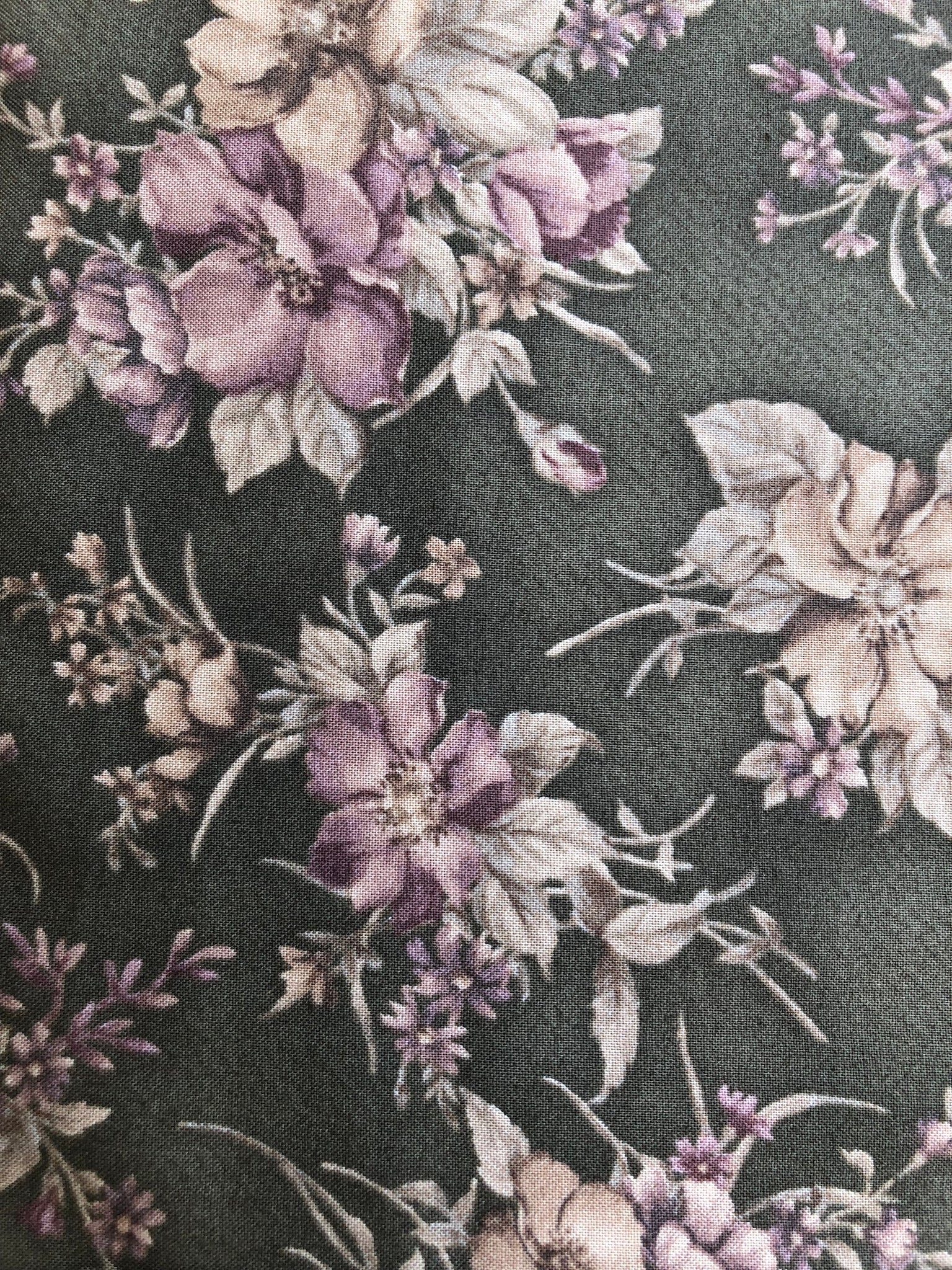 Gentle Flowers - FS199 - Dark Green background with soft Cream & Pink floral print