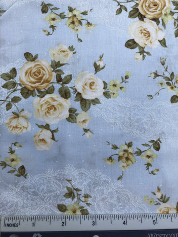 Mary Rose Collection - FS215 - Pale Blue background with Lemon Yellow Rose print