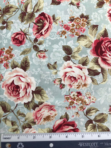 Mary Rose Collection - FS219 - Blue background with Pinks & Burgundy rose print