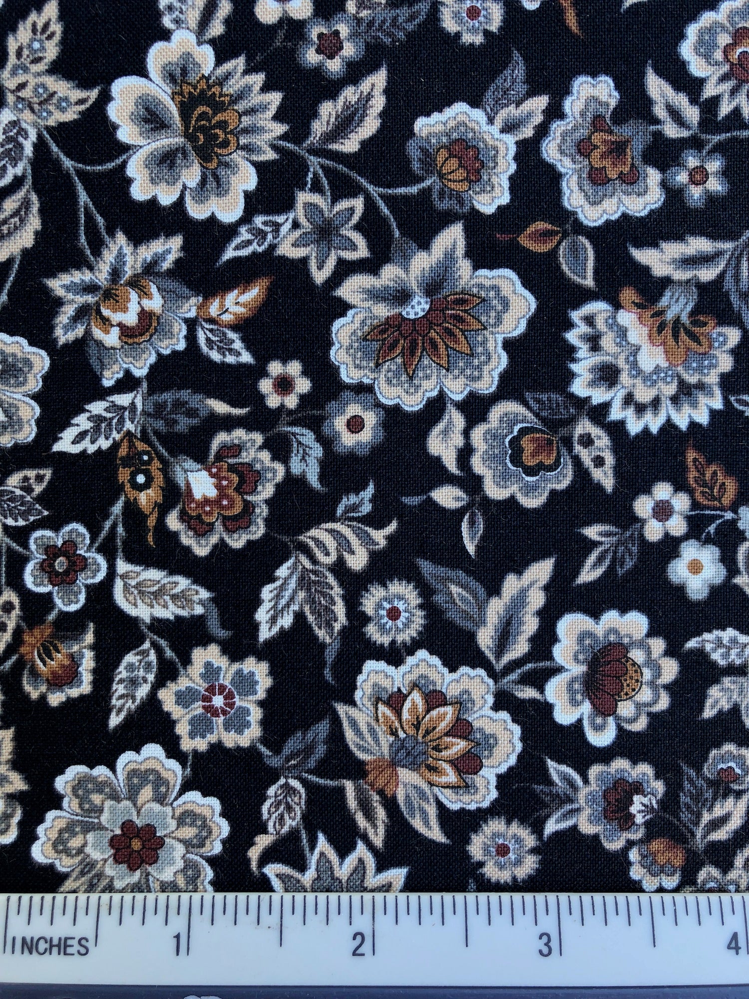 Metro au Natural - FS283 - Black background with Grey, Beige, White & Brown stylised Floral print