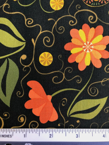 Arabella - FS285 - Black background with Yellow, Mustard, Orange & Green stylised Floral print