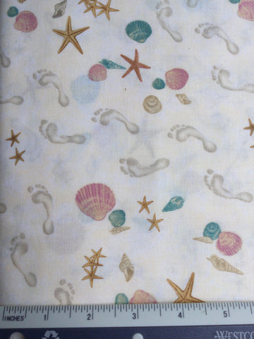 Tranquil Moments - FS150 - Cream background with Shells, Starfish & Footprints