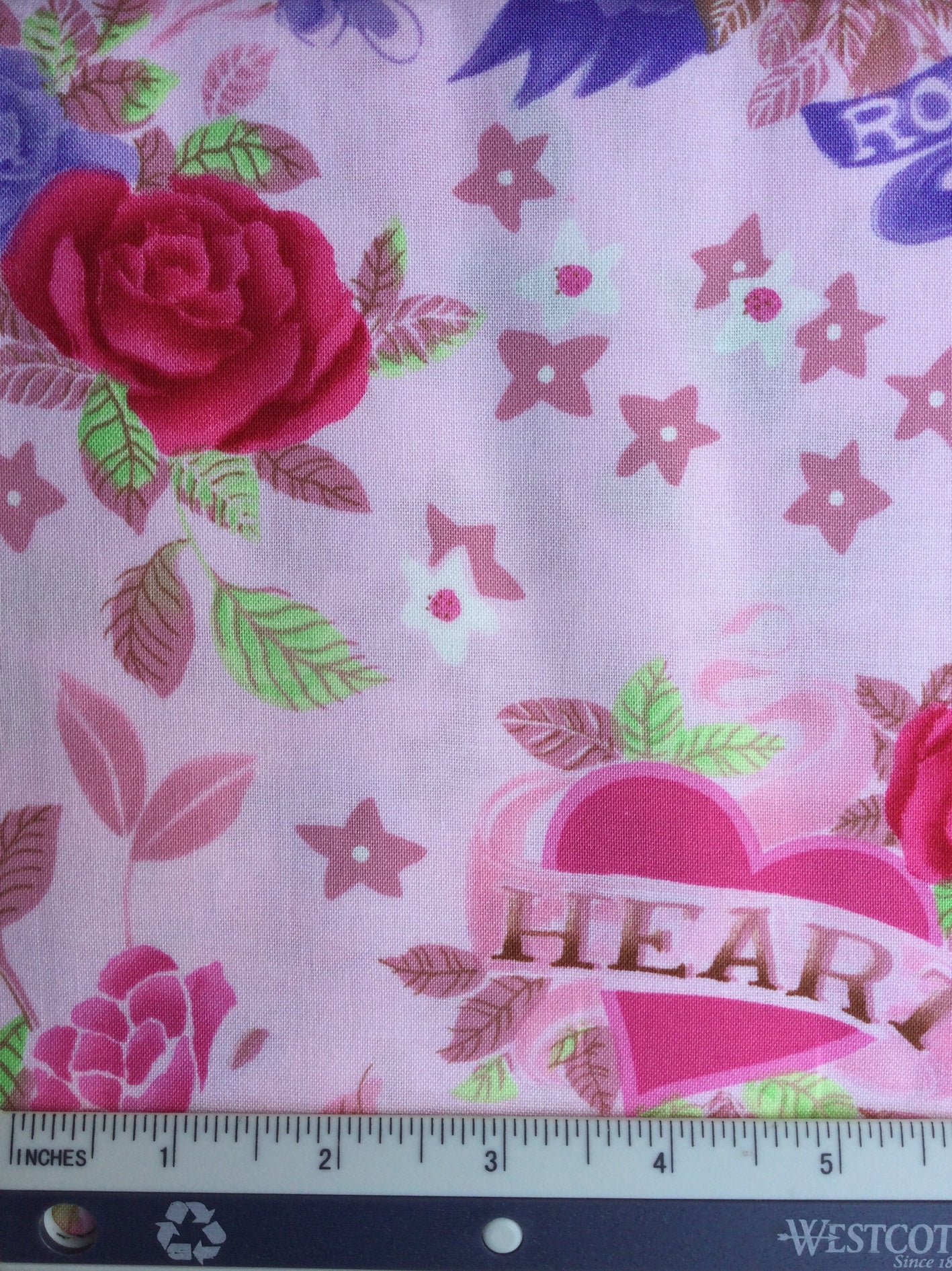 Heart & Roses - FS154 - Pink background with Red, Blue & Pink hearts & flowers