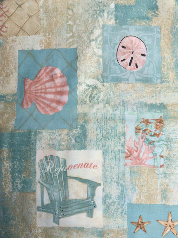 Tranquil Moments - FS159 - Aqua, Cream & Beige mottled background with highlights of Pink in beach motifs