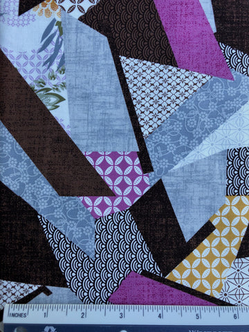 Kimono Garden - FS326 - Crazy patchwork of Pink, Grey, Brown & Mustard Japanese style fabric print
