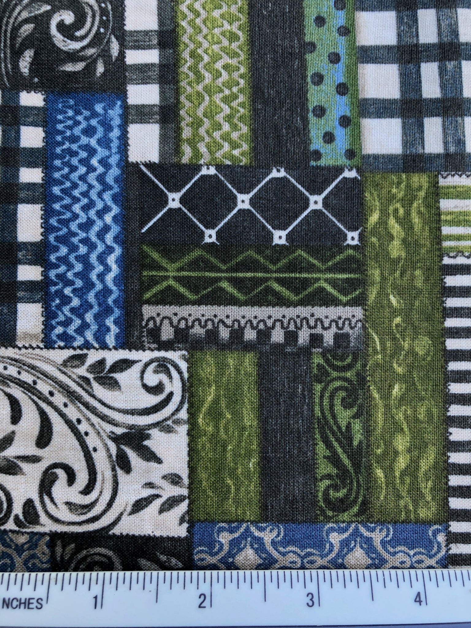 Farm Chic - FS329 - Charcoal, Antique Cream, Green & Blue patchwork fabric style print