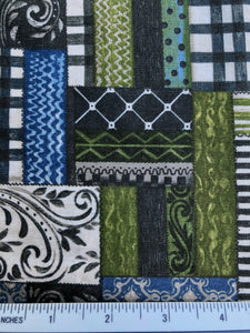 Farm Chic - FS329 - Charcoal, Antique Cream, Green & Blue patchwork fabric style print