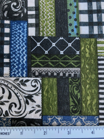 Farm Chic - FS329 - Charcoal, Antique Cream, Green & Blue patchwork fabric style print