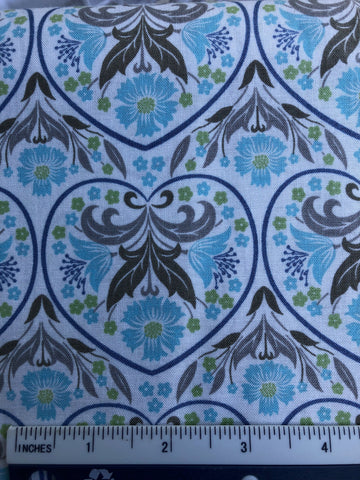 Arts & Crafts - FS335 - White background with Aqua, Lime & Taupe William Morris style print