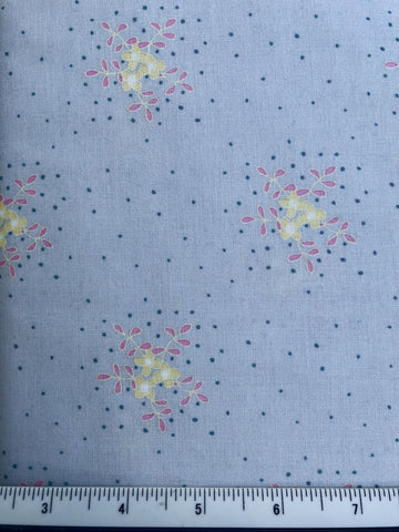 Hearts & Happy Flowers - FS338 - Pale Grey background with scattered Yellow & Pink flowers & Aqua dots