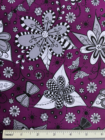 Ink Blossoms - FS344 - Purple background with White Black & Grey stylised flowers