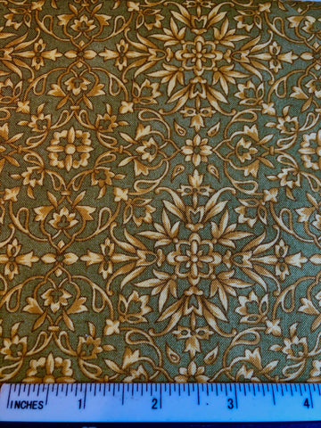 Full Sun - FS357 - Teal background with Gold & Cream repeating pattern (not metallic)