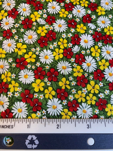 Country Kitchen Flowers - FS361 - Green leafy background with Yellow & Red flowers highlighted with White daisies