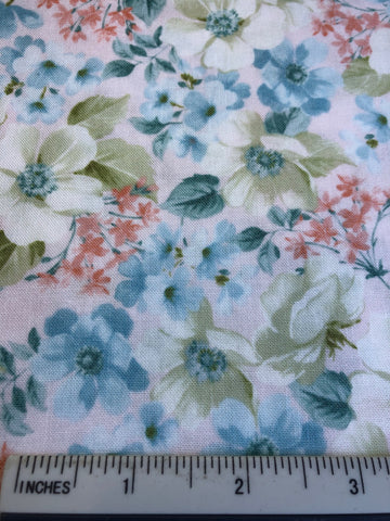 Arbor Hill - FS371 -  White background with Off White, Green, Blue & Pink floral print