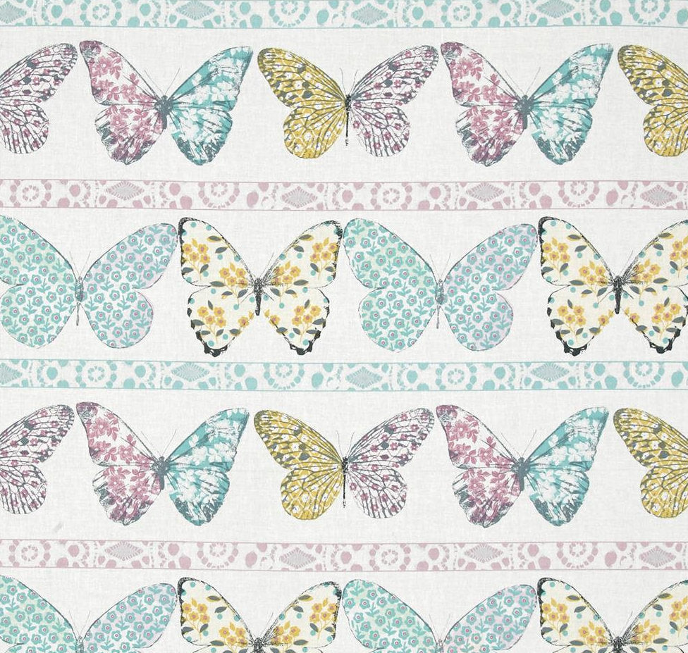 Butterfly Row - FS376 -  White background with Pink Aqua & Mustard butterfly print