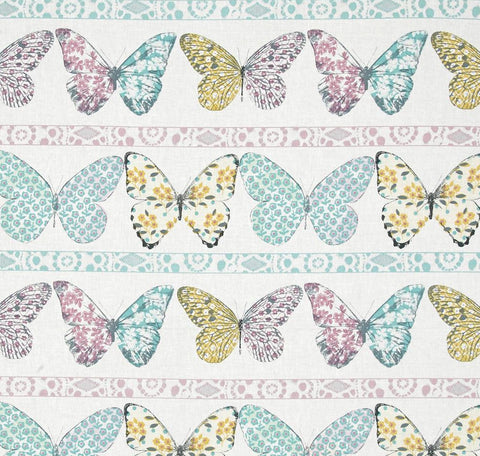 Butterfly Row - FS376 -  White background with Pink Aqua & Mustard butterfly print