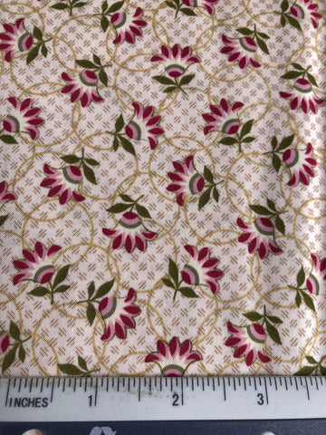 Danielle - FS381 - Beige check background with stylised flowers in Burgundy and Green