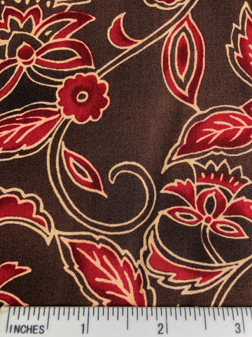 Hanna - FS398 - Brown background with Red and Cream stylised floral print.